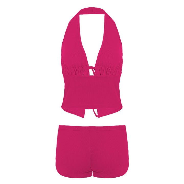 Damen elegantes Halter-Top mit herausragender Raffung und kurzen Shorts Skovae