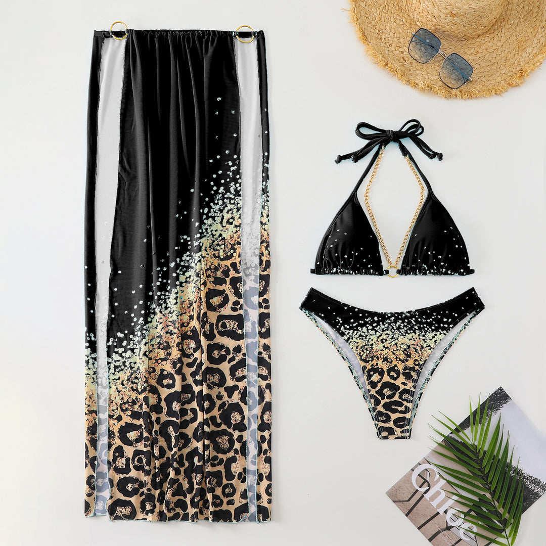 Dame bikini-sæt med feminint leopardmønster og elegant indpakningsklæde Stilla