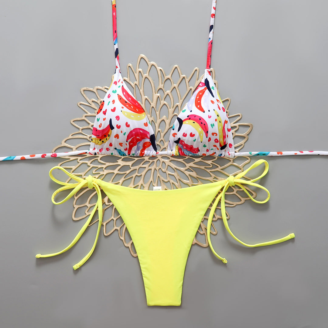 Dame triangel-bikini med farverigt frugtprint og feminine sløjfer Skovae