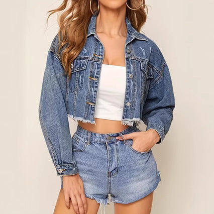 Damer cropped Jeansjakke i afslappet vintage-stil med frynser Stilla