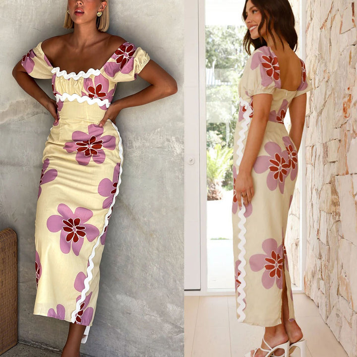 Dame Off-Shoulder Midikjole med florale applikationer og flæsedetaljer Stiila