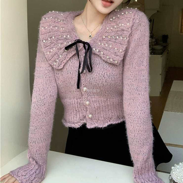 Damer Elegant Strik Top med Ruflet Krave og Dekorative Perler Stilla