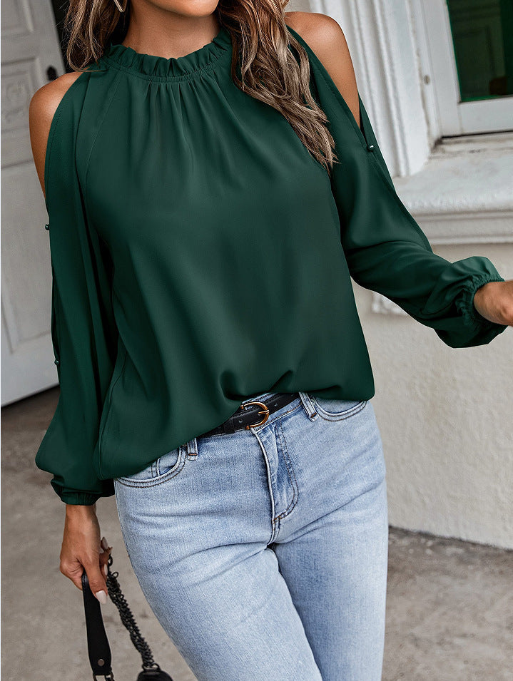 Dame Off-Shoulder Bluse med ballonformede ærmer og flæsekrave Stilla