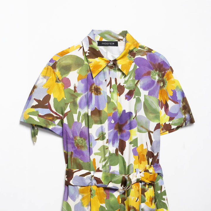 Dame blomsterprint skjortekjole med bælte Stilla