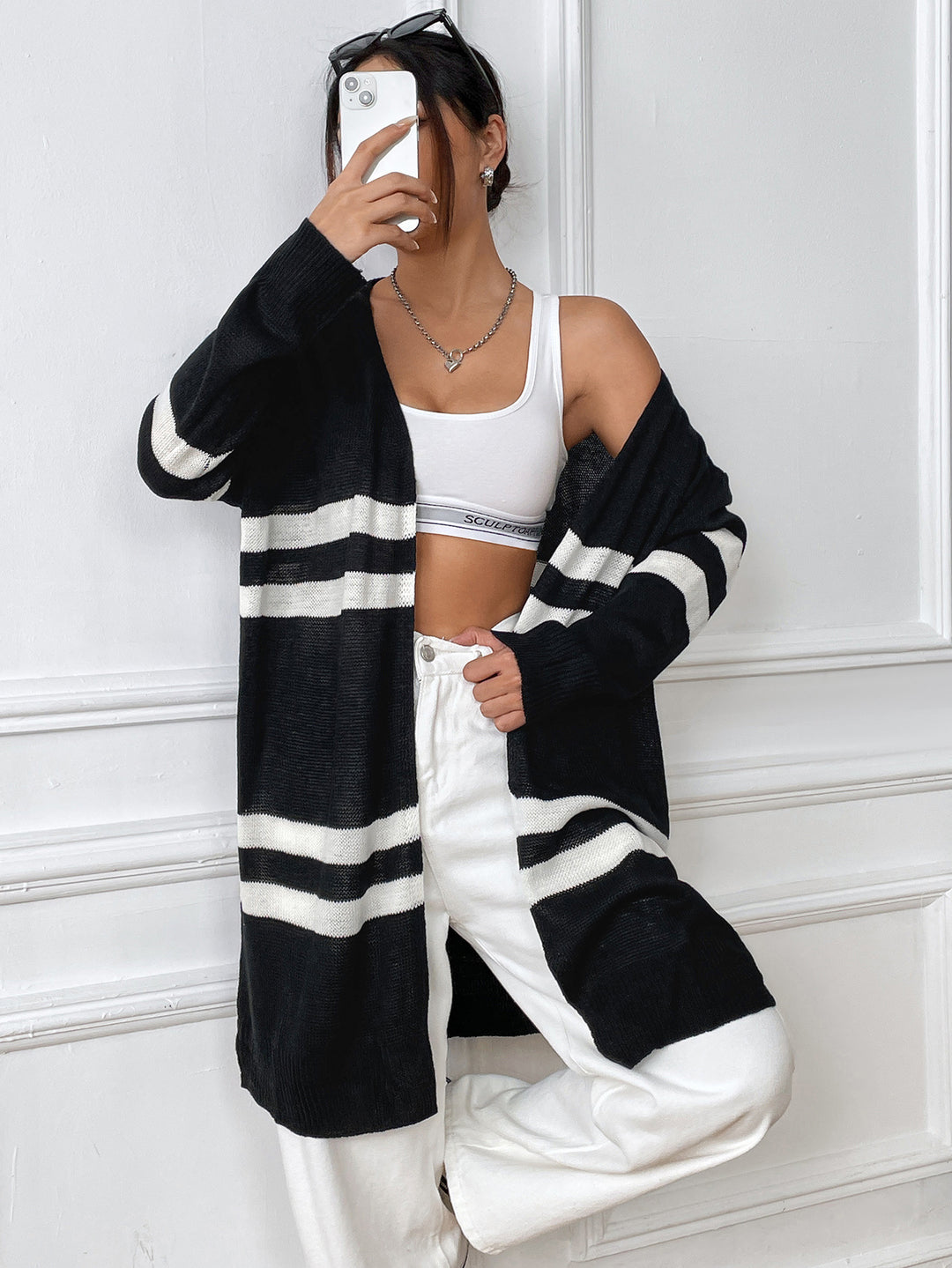 Dame afslappet strik cardigan med fashionable striber Stilla