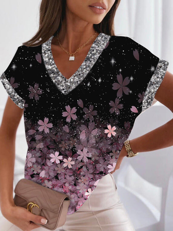 Stilla | Trendy Print V-Hals Batwing Ærme T-shirt
