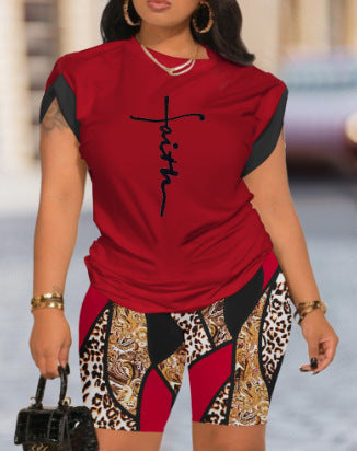 Dame sporty kortærmet skjorte og leggings-sæt med grafisk print og elastisk bånd Stilla
