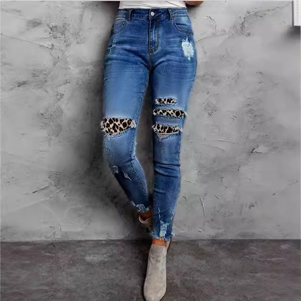 Dame Skinny Jeans med leopardmønster og fashion rifts detaljer Stilla