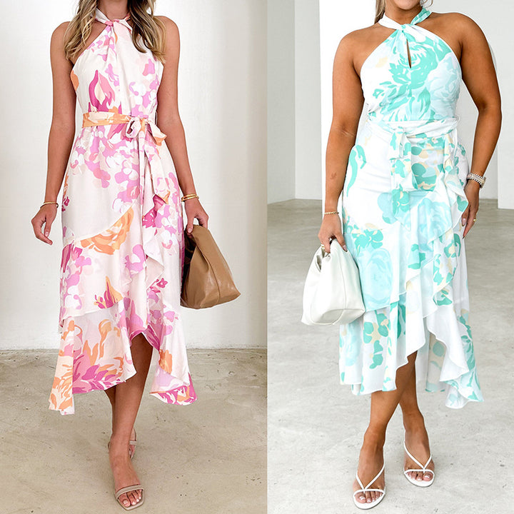 Dame Maxi-kjole med asymmetrisk kant og blomstret design Stilla