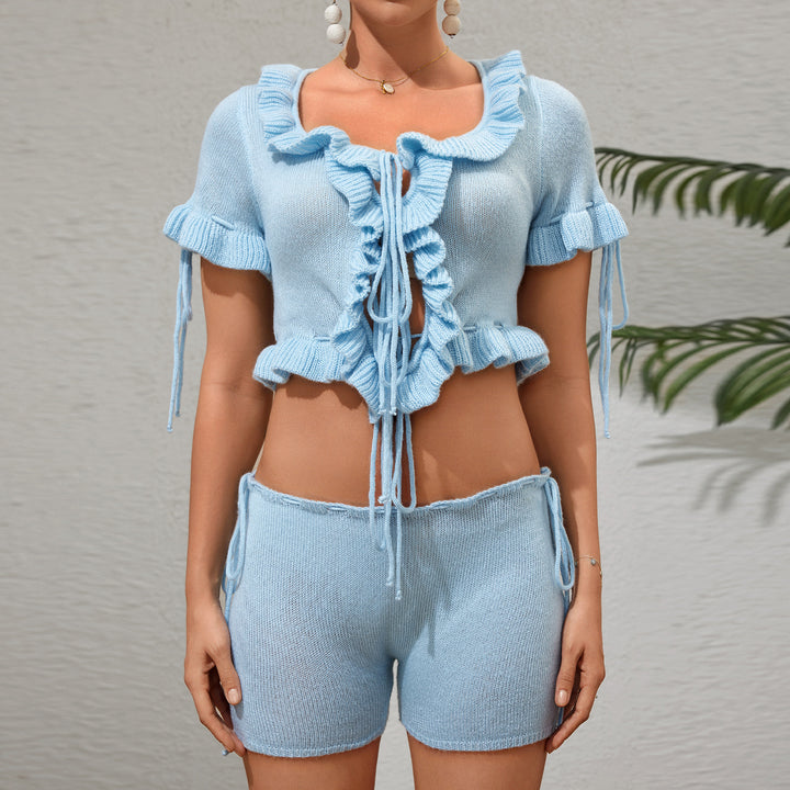 Dame Rynke Strik Crop Top og Shorts Sæt Stilla