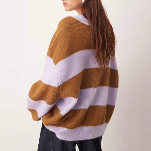Kvinders oversized strikket sweater med stribet mønster og bred pasform Stilla
