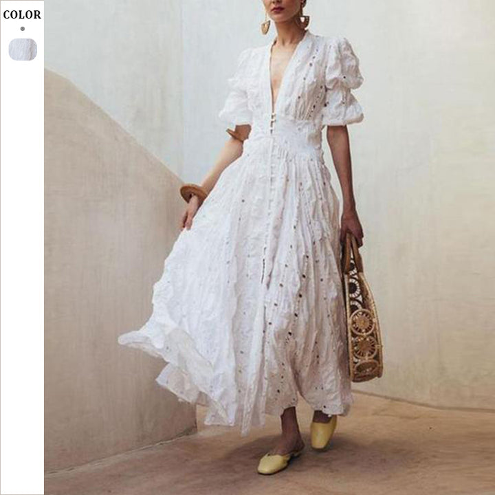 Dame Elegant Maxikjole med feminine Puffærmer og legende Plissering Stilla