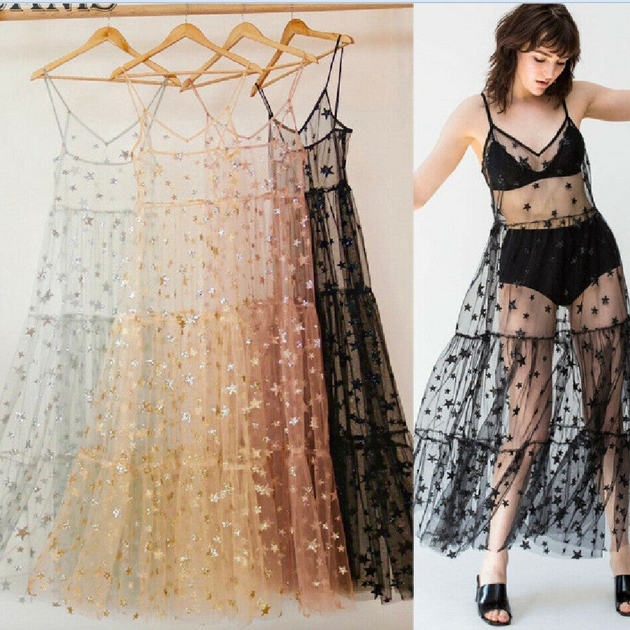 Damer Gennemsigtig Maxikjole i chiffon med stjernedesign og flerlags nederdel Skovae