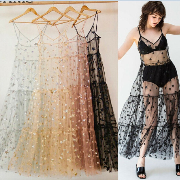 Damer Gennemsigtig Maxikjole i chiffon med stjernedesign og flerlags nederdel Skovae