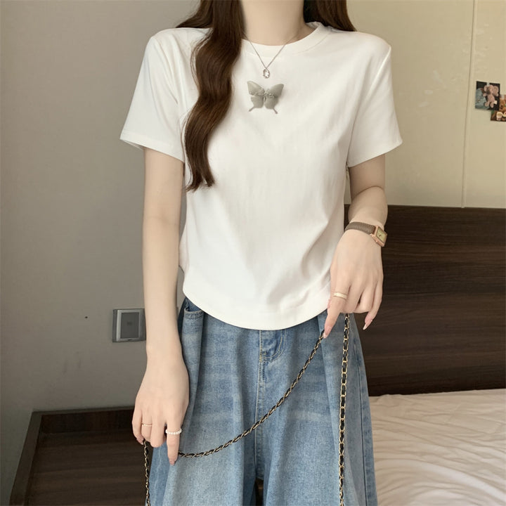 Dame forkortet grafik T-shirt med sommerfugldesign Stilla