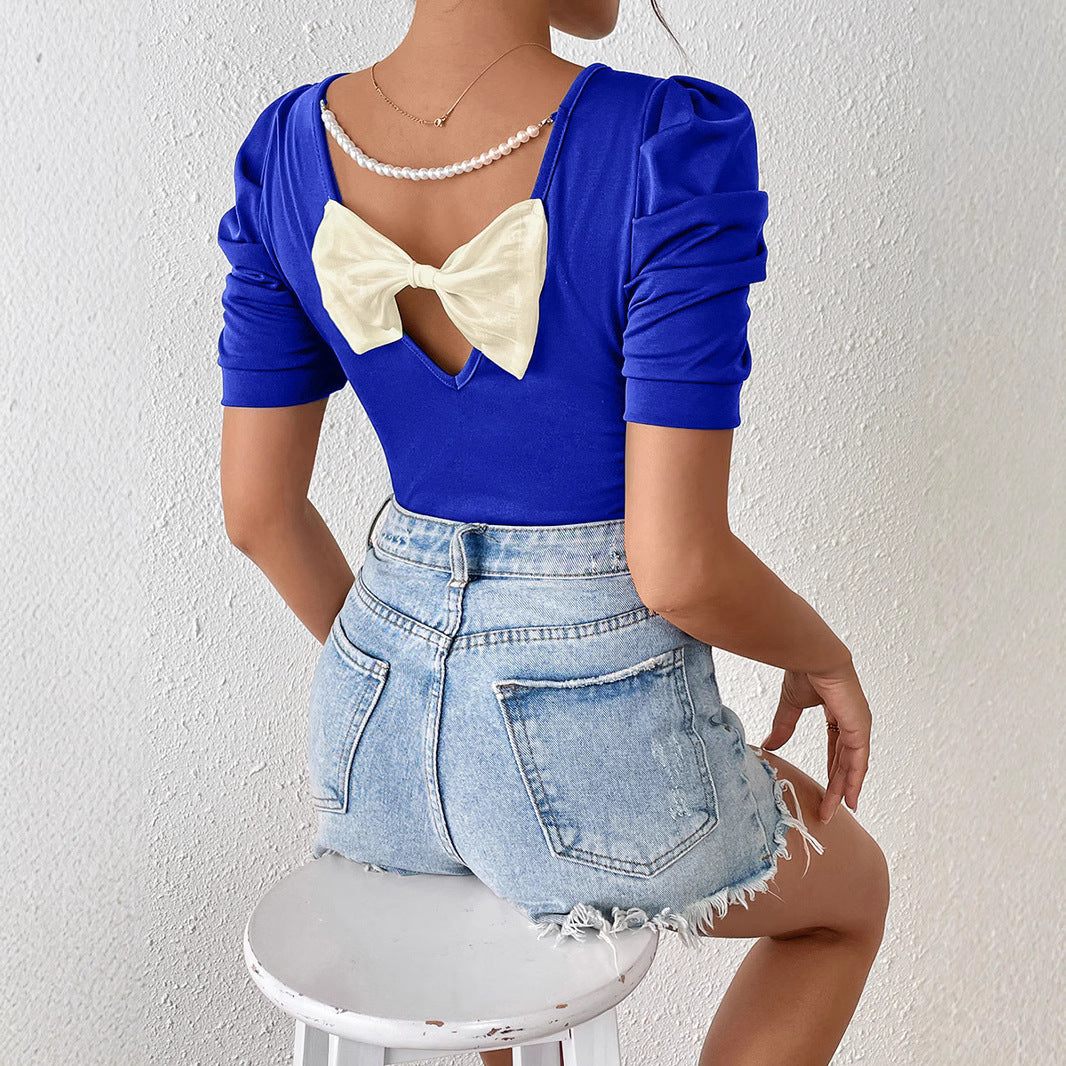 Dame tætsiddende skjorte med puffærmer og sløjfeaccent Stilla