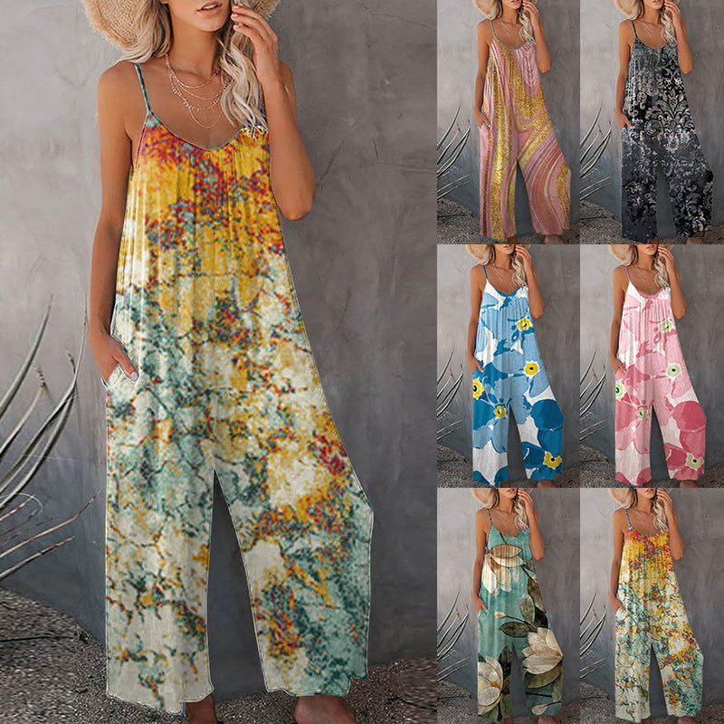 Dame elegant jumpsuit med blomstret mønster og vide ben Stilla