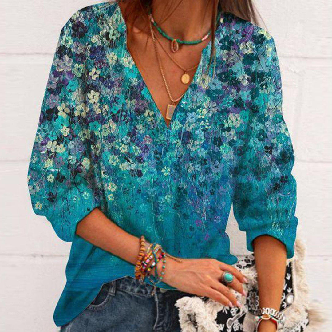 Stilla | Trendy Print V-Hals Cuff Stræk Tre-Fjerdedel Ærme T-Shirt