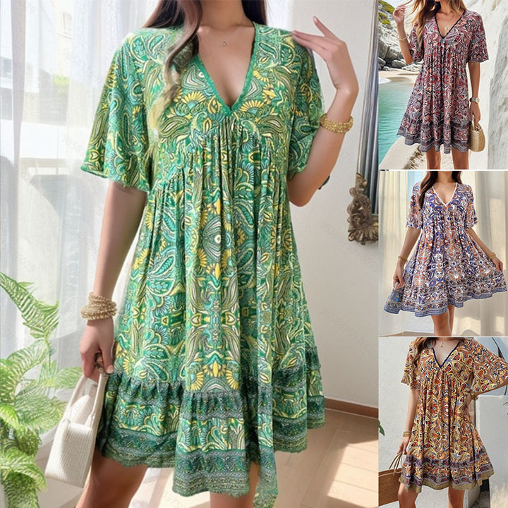 Dame Boho Blomsterprint Svingkjole Stilla