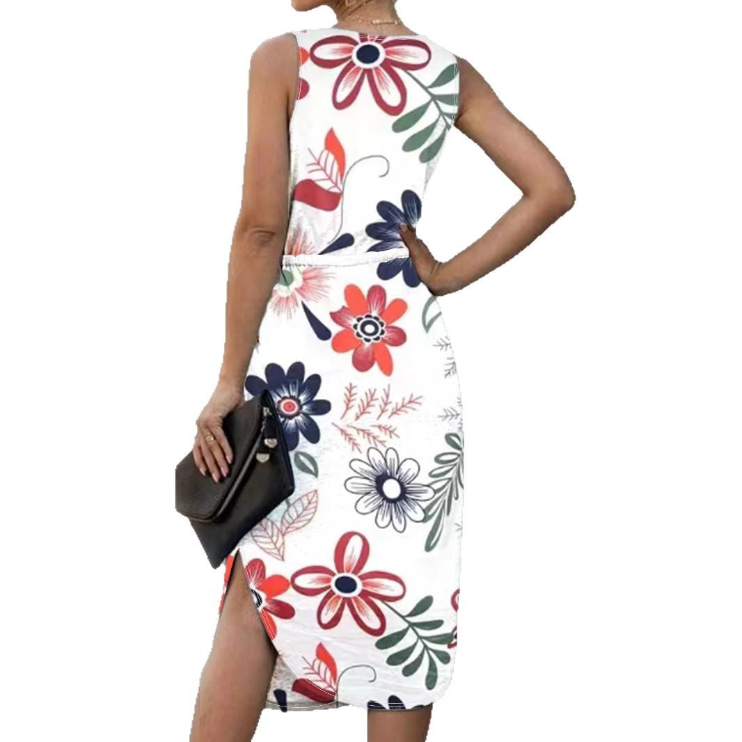 Dame blomsterprint midi kjole med justerbar talje Stilla