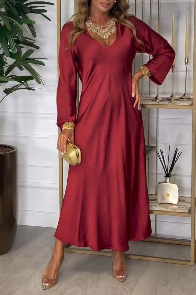 Dame elegant maxikjole med V-udskæring og lange ærmer Stilla