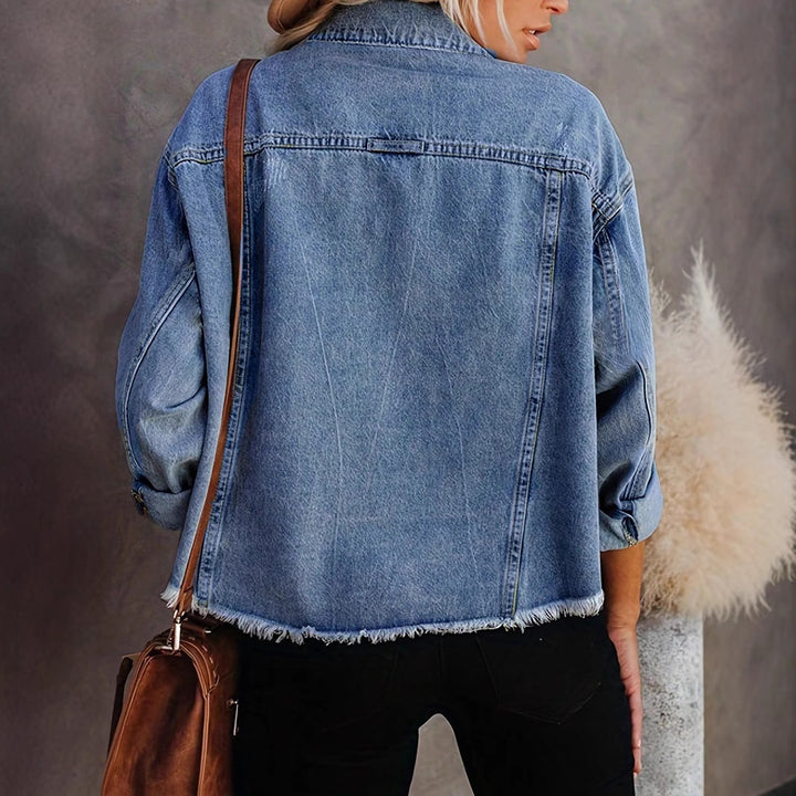 Dame Oversized Jeansjakke med frynset kant og vintage-accenter Stilla