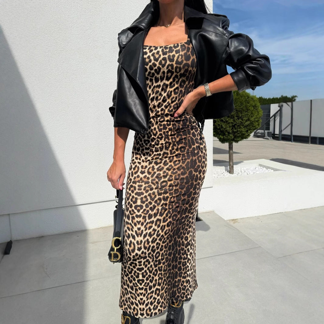 Dame Langærmet Leopardtryk Bodycon Maxi Kjole Stilla