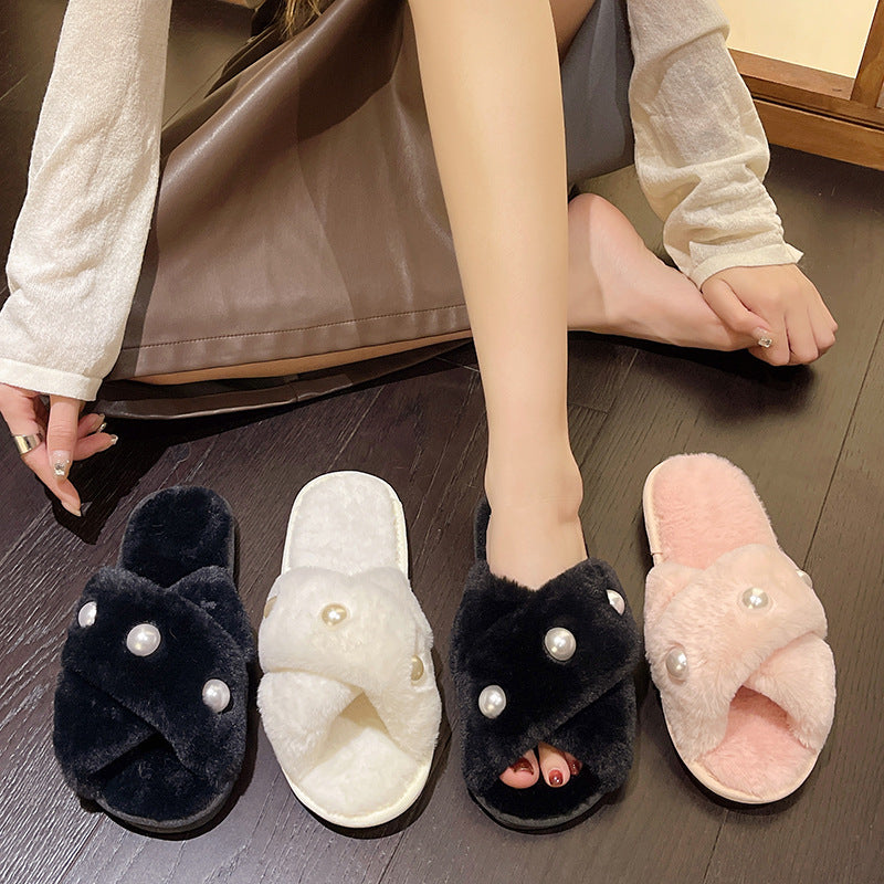 Damer Fuzzy Pantofler med mode perle accent Stilla