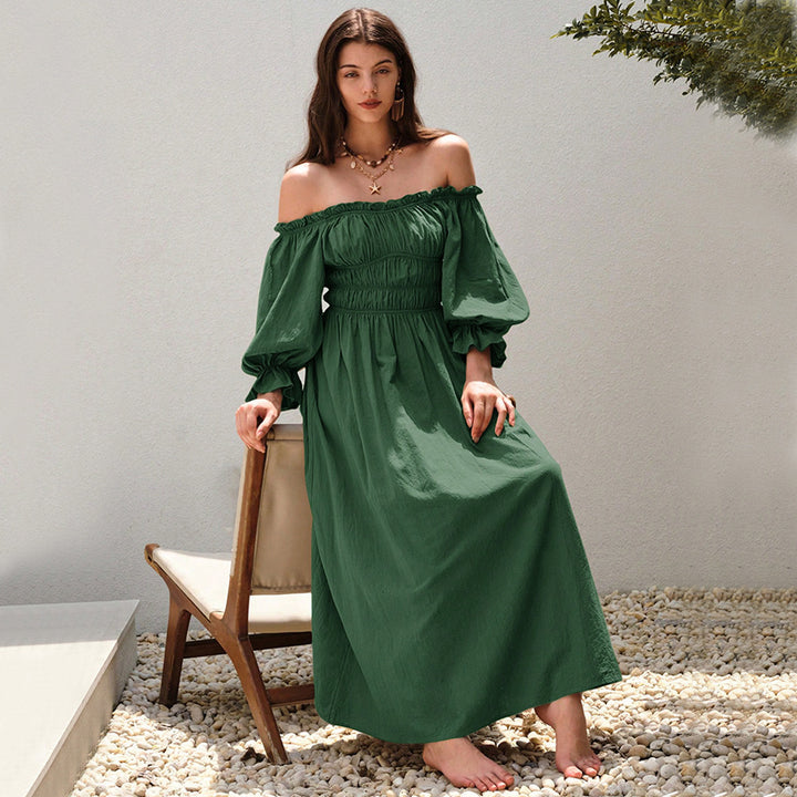 Kvindernes maxi kjole i elegant off-shoulder stil med samlede puffærmer Stilla