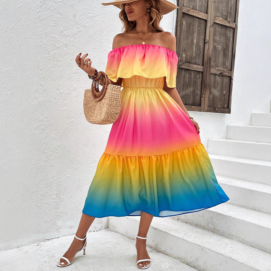 Dame Off-Shoulder Midikjole med farvegradient og flæsedetaljer Stilla