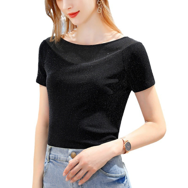 Dame Figurtilpasset Glitter T-Shirt med elegant Rundhalset udfordring Stilla