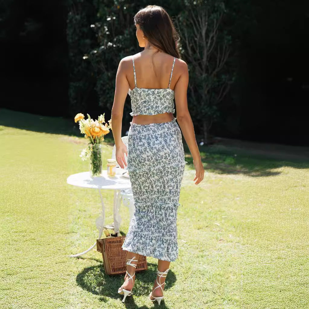 Dame to-delt sæt med floral top og elastisk midi-nederdel Stilla