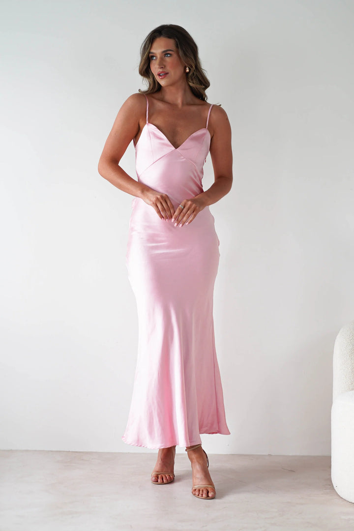 Ladies Satin Maxi Dress in elegant cut with narrow spaghetti straps Skovae
