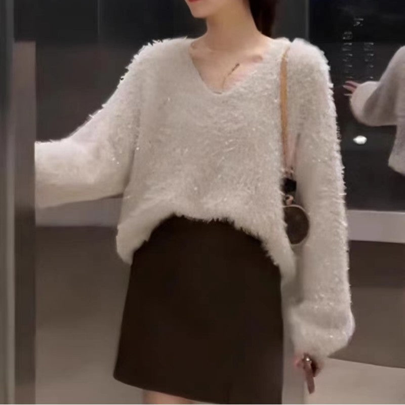 Femme V-hals Strukturstrik Pullover Sweater Stilla