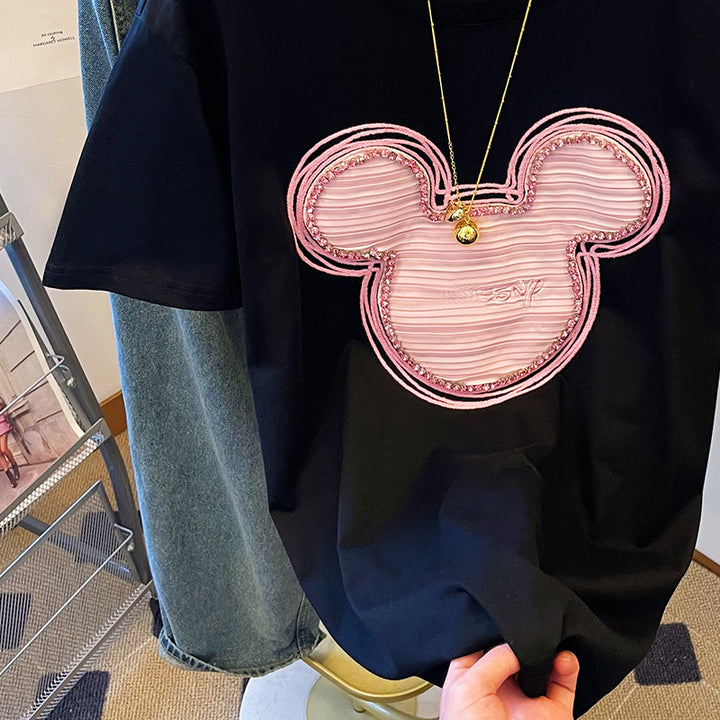 Dame T-shirt med kreativ Mickey Mouse tryk og kvalitets paillettryk Stilla