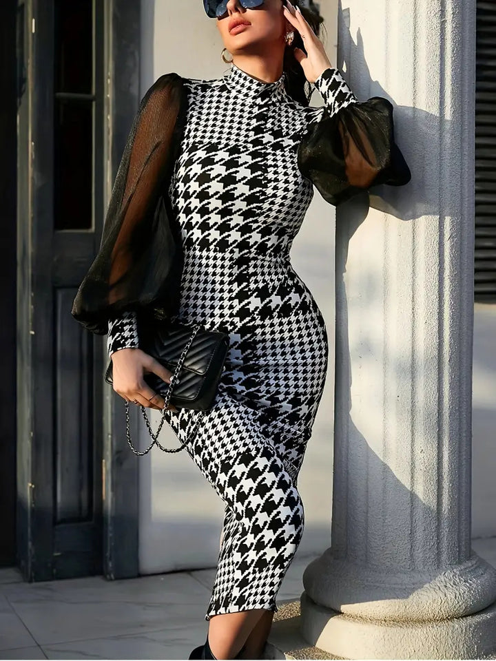 Dame Elegant Jumpsuit med transparente puffærmer og houndstooth mønster Stilla