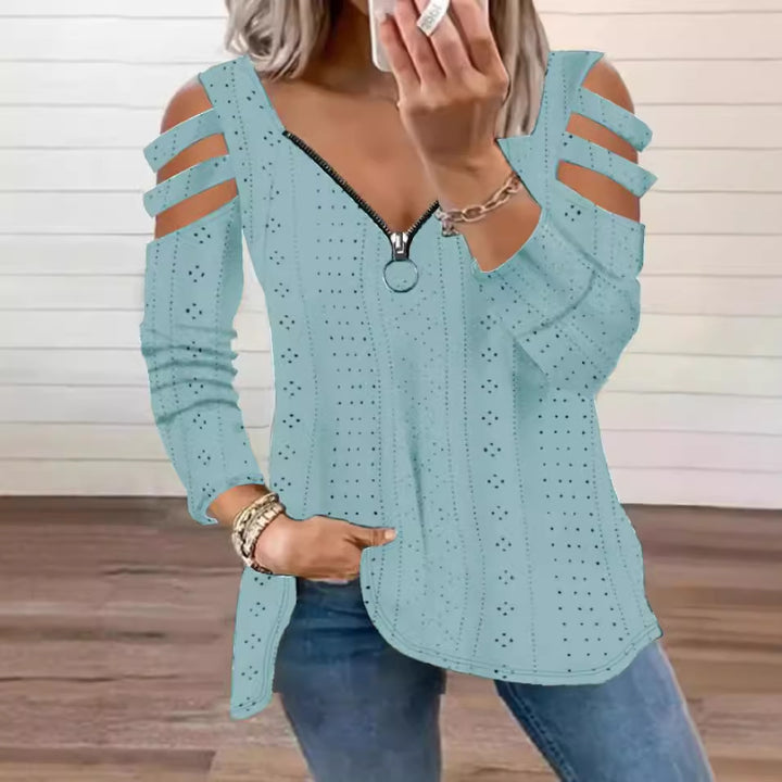 Dame V-hals bluse med cut-out ærmer og lynlås Stilla