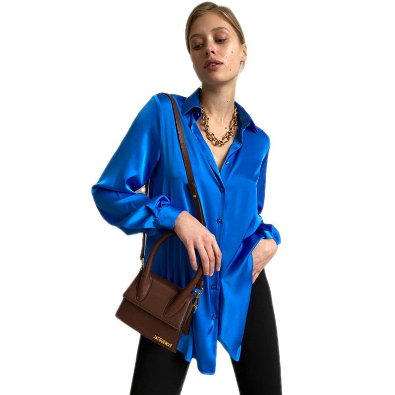 Dame elegant satinbluse med klassisk krave og lange ærmer Stilla