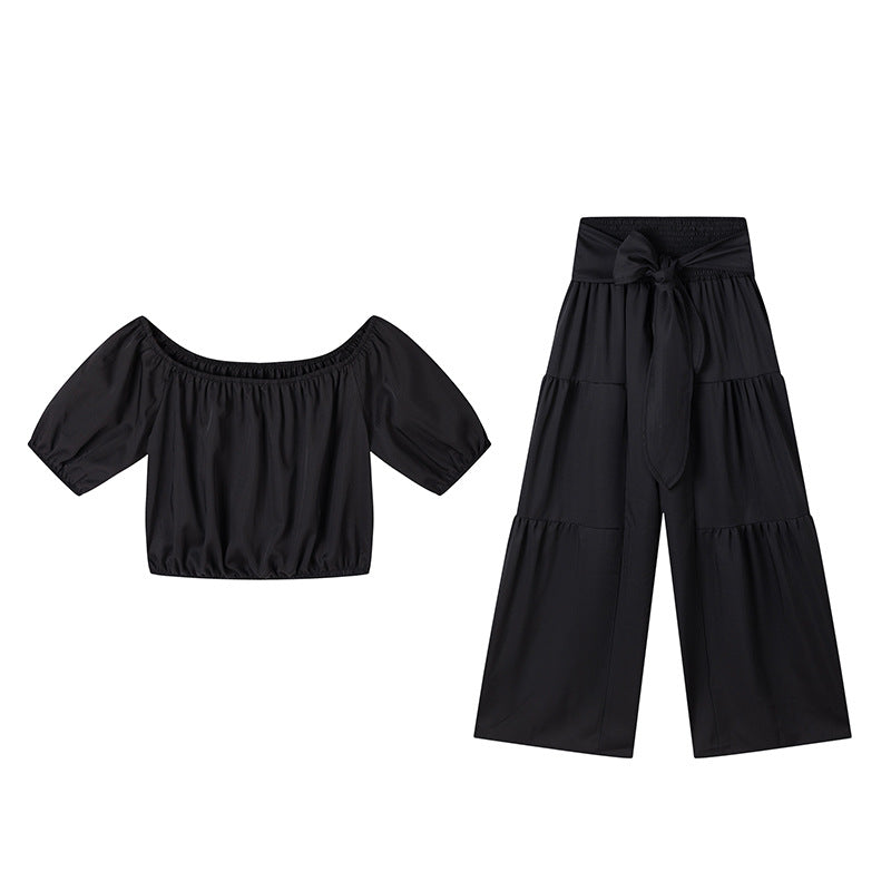 Dame Off-Shoulder Rynkede ærmer Top og bred Bukser Sæt Stilla