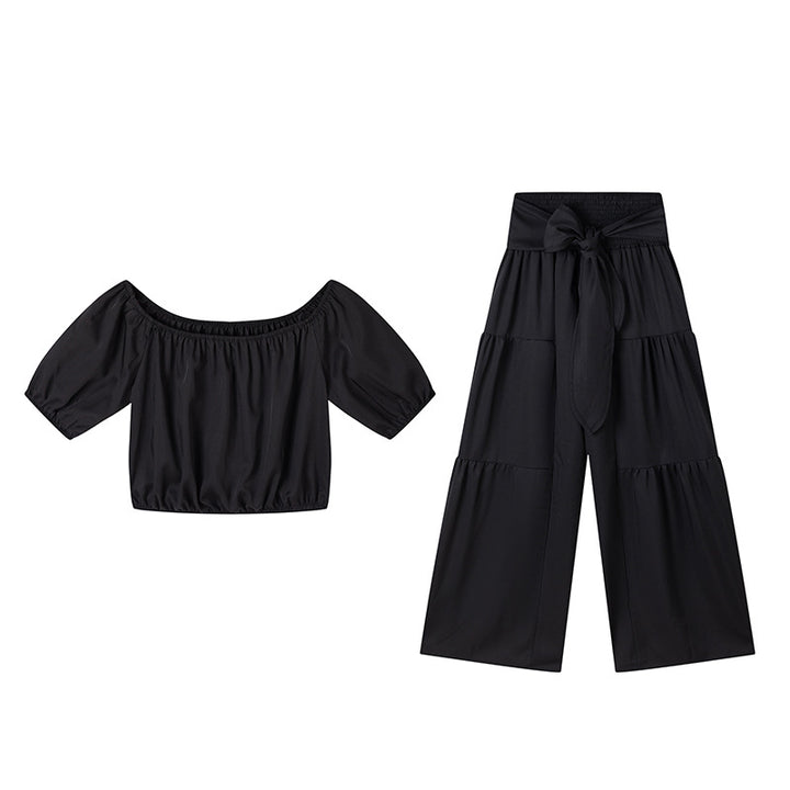 Dame Off-Shoulder Rynkede ærmer Top og bred Bukser Sæt Stilla