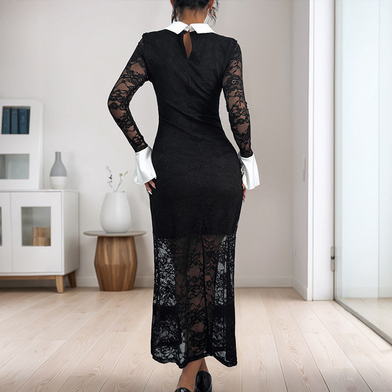 Dame Elegant Spids Midi-Kjole med kontrasterende Krave Stilla