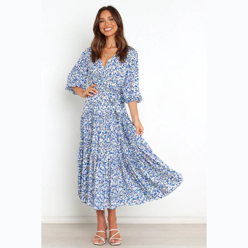 Women's Summer Maxi Dress with Open Décolleté and Floral Pattern Skovae