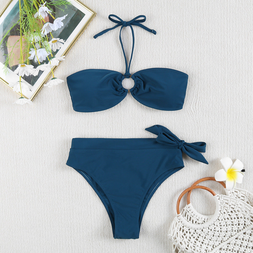 Dame bandeau-bikini-sæt med legesyg blomsterdesign og høj talje Stilla