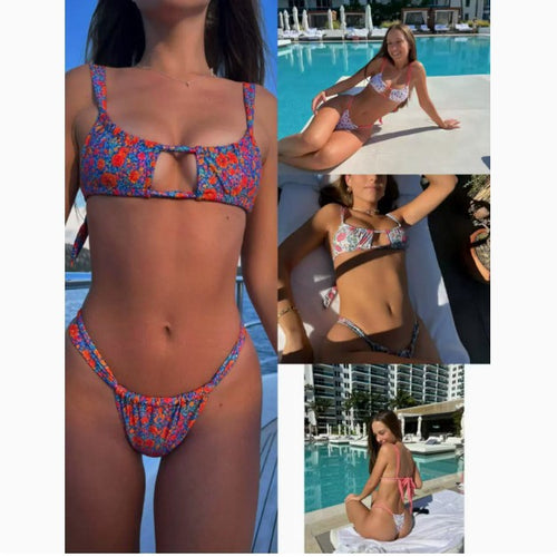 Dame Floral Print Bikini-Sæt med justerbare stropper Stilla