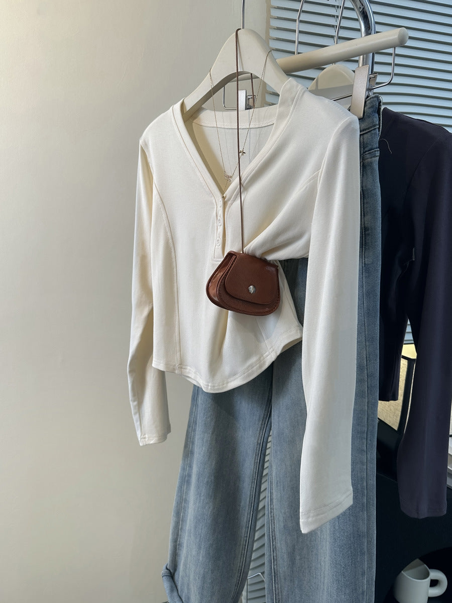 Femme Stilfuld Langærmet Knap-Henley- Top Stilla
