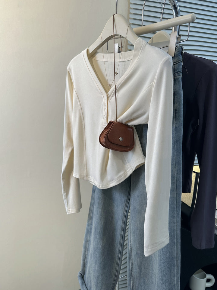 Femme Stilfuld Langærmet Knap-Henley- Top Stilla