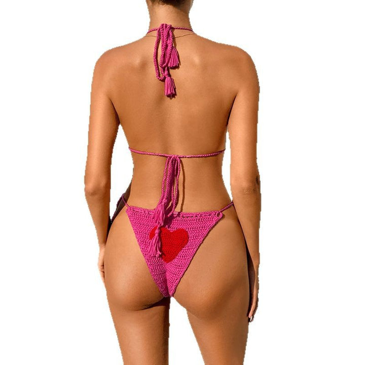 Dame hæklede bikini-sæt med hjerte motiv og frynse detaljer Skovae