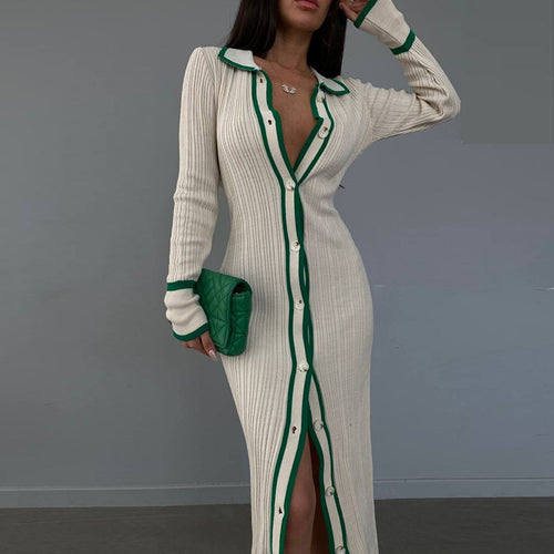 Dame Chic Knap-ned Strik Maxi Kjole Stilla