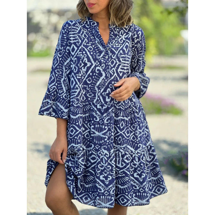 Stilla | Chic V-hals Flared Sleeve Cake Print Spliced Kjole