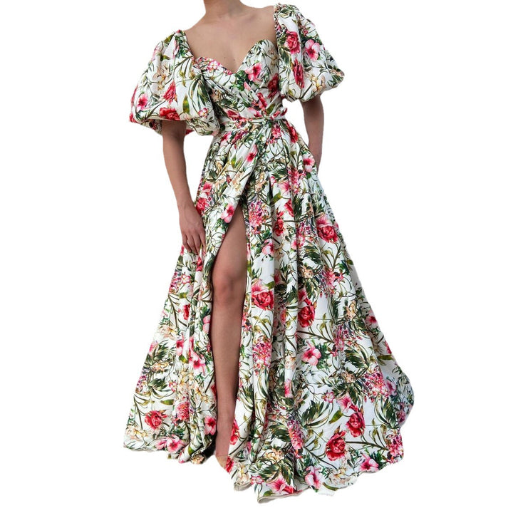 Dame Elegant Maxikjole med blomsterprint og voluminøse pufærmer Stilla